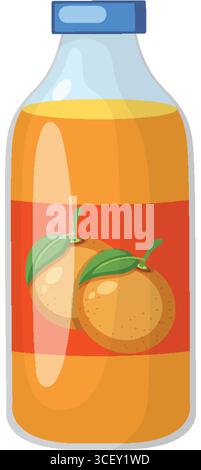 Vector illustration of a clear bottle filled with orange juice, featuring a vibrant orange fruit label and simple, flat color style Stock Vector