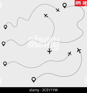 Airplane Plane routes line set. Planes dotted flight pathway. Plane paths. Aircraft tracking, planes, travel, map pins, location pins. Stock Vector