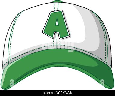 Vector illustration of a green and white baseball cap with a prominent letter A. Clean lines and bold colors enhance its appeal Stock Vector