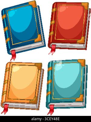 Vector illustration of four colorful hardcover books with bookmarks, showcasing vibrant colors and detailed design elements Stock Vector