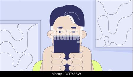 Closeup caucasian man focused on smartphone screen flat illustration Stock Vector
