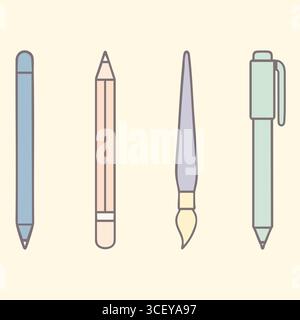Four sleek drawing tools displayed vertically with soft shading including a tablet stylus a wooden pencil a fountain nib pen and a capped marker. Stock Vector