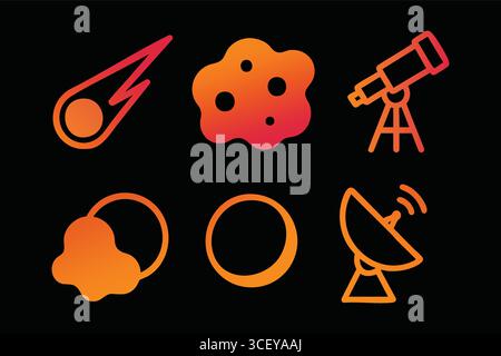 Vibrant glow style symbols on a dark field including a shooting comet abstract flower planet ring and satellite dish rendered with smooth gradients. Stock Vector