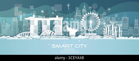 Technology wireless network communication smart city with architecture in singapore downtown skyscraper on blue background, Vector illustration future Stock Vector