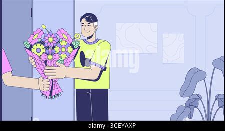 European man receiving flower delivery at home doorway flat illustration Stock Vector