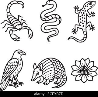 Clean line art on white depicting a scorpion a coiled snake two lizards a perched eagle an armadillo and a simple daisy. Stock Vector