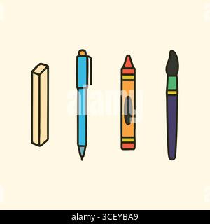 Four bright art instruments standing upright on a neutral background with simple shading and outlines. Stock Vector