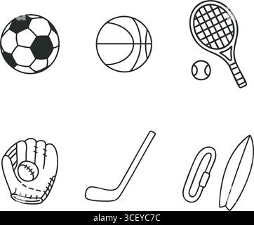 Minimal black line icons showing common sports gear including a soccer ball basketball tennis racket baseball and glove with a hockey stick and two pa Stock Vector