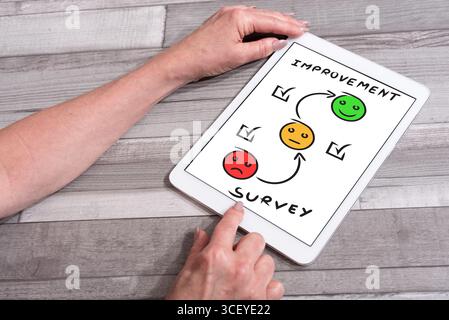 Survey concept shown on a tablet used by a woman Stock Photo