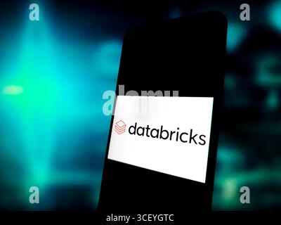 SUQIAN, CHINA - AUGUST 20, 2025 - An illustration photo shows Databricks logo displayed on a smartphone in Suqian City, Jiangsu Province, China on August 20, 2025. Stock Photo