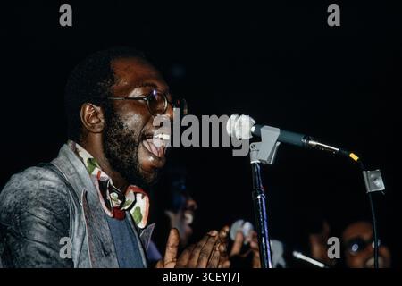 March, 1973: Curtis Mayfield performing  his hit Superfly in Chicago Stock Photo