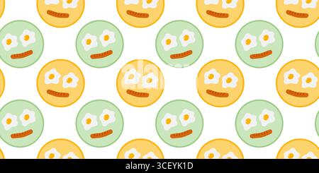 Fried Eggs and Sausage on Colorful Plate like Cute smiling Face Seamless Pattern Banner Format Fond. Isolated Vector illustration Eggs Day or Motivation Menu Card Backdrop Banner, leaflet, media post Stock Vector