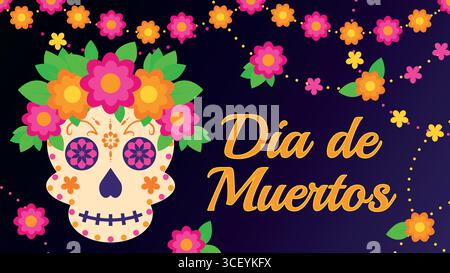 Dia de Muertos Greeting Card Colorful Sugar Skull with Flowers and Mexican Ornaments for Day of the Dead Celebration Stock Vector