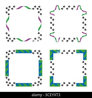 Ribbon frame border. Paw print pattern. Square decorative ornament. Vector pet design. Stock Vector