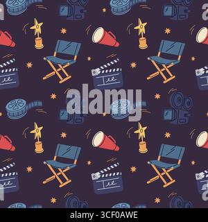 Cinema elements seamless pattern. Filming production, movies objects, clapperboard, camera, award, director chair. Textile, wrapping paper, wallpaper Stock Vector