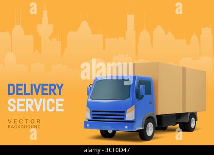 Blue truck with a cardboard box on the platform against the background of a city silhouette in a yellow palette. Advertising concept Stock Vector