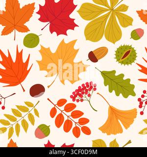 Autumn leaves seamless pattern. Natural season plants elements, falling foliage, red maple, ginkgo and acorns, textile, wrapping paper, wallpaper Stock Vector