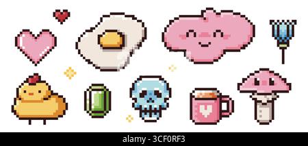 Pixel icon collection with 8 bit hearts, fried egg, cloud character and skull for retro game designs. Cute chicken, coffee mug and mushroom. Nostalgic arcade assets for indie games or digital art. Stock Vector