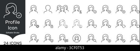 Profile And User Interaction Line Icon Set. Profile, Person, User Account, Communication And Interface Elements Outline Symbol Collection. Editable Stock Vector