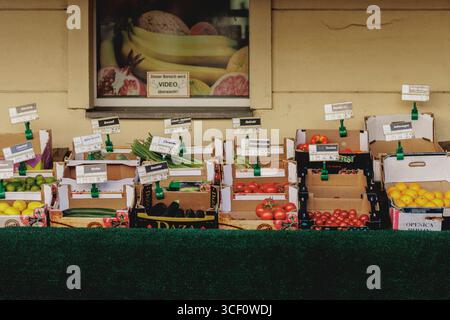 Obst und Gemuese in einer Auslage vor einem Laden, aufgenommen in Berlin, 19.08.2025. Berlin Deutschland *** Fruit and vegetables in a display in fron Stock Photo