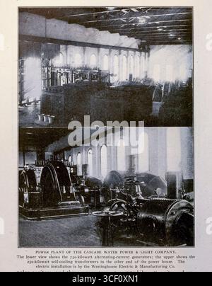 POWER PLANT OF THE CASCADE WATER POWER & LIGHT COMPANY. The lower view shows the 750-kilowatt alternating-current generators; the upper shows the 250-kilowatt self-cooling transformers in the other end of the power house. The electric installation is by the Westinghouse Electric & Manufacturing Co. from the Article THE WATER POWERS OF BRITISH COLUMBIA. By E. Jacobs. from The Engineering Magazine Devoted to Industrial Progress Volume XXVI October 1903 - March 1904 The Engineering Magazine Co Stock Photo