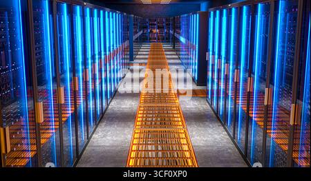 Modern server racks glowing data center 3d Stock Photo