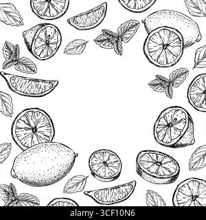 Fresh lemons and mint leaves herb vector isolated square frame with copy space for text. Monochrome citrus among aromatic greenery etching drawing. Stock Vector