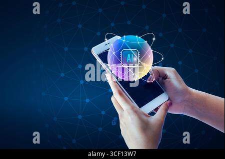 Artificial Intelligence (AI) concept with a glowing digital sphere and futuristic data network grid, representing machine learning, big data processin Stock Photo