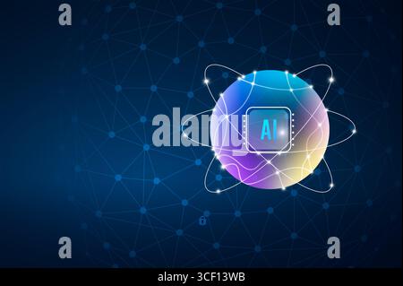 Artificial Intelligence (AI) concept with a glowing digital sphere and futuristic data network grid, representing machine learning, big data processin Stock Photo