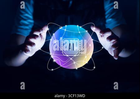 Artificial Intelligence (AI) concept with a glowing digital sphere and futuristic data network grid, representing machine learning, big data processin Stock Photo
