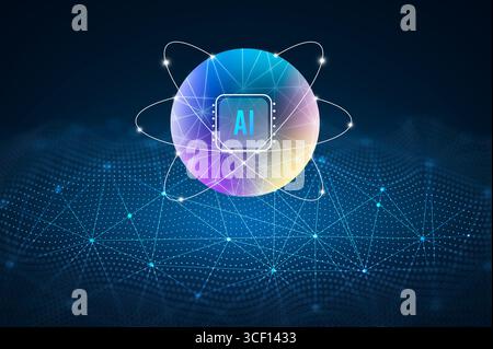 Artificial Intelligence (AI) concept with a glowing digital sphere and futuristic data network grid, representing machine learning, big data processin Stock Photo