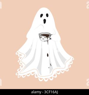 A cute scared lace-sheet ghost, spilling a coffee on its sheet . Sheet ghost holding a mug with hot chocolate. Halloween design element, isolated Stock Vector