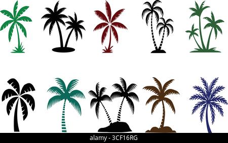 Colorful Palm Tree Icons – Tropical Silhouettes & Artistic Variations Stock Vector