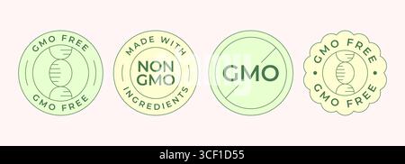 Set of GMO free label badges in minimal style for packaging, branding or healthy products. Vector illustration Stock Vector