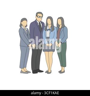 four business people standing together illustration vector hand drawn with black lines isolated on white background. Stock Vector