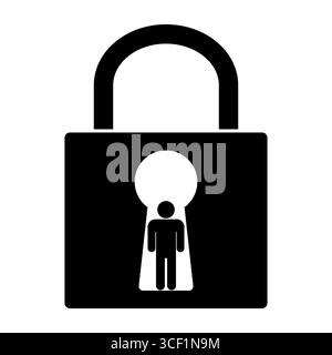 Locked Padlock with Human Figure in Keyhole Silhouette Illustration. Inside the body of the lock, a human figure silhouette. Stock Vector