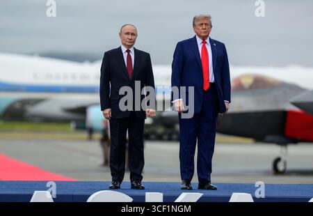 ANCHORAGE, ALASKA, USA - 15 August 2025 - US President Donald Trump with Russian President Vladimir Putin at Joint Base Elmendorf Richardson in Anchor Stock Photo