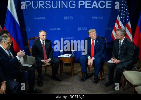 ANCHORAGE, ALASKA, USA - 15 August 2025 - US President Donald Trump with Russian President Vladimir Putin at Joint Base Elmendorf Richardson in Anchor Stock Photo