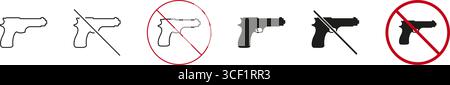 Gun Prohibition And Safety Icon Set. Firearm Restriction And No Weapons Allowed Outline And Silhouette Symbol Collection. Security And Safety Measures Stock Vector