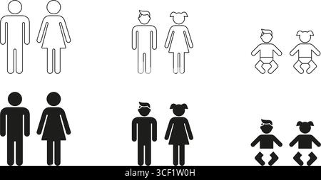 Male And Female Figures With Child Icons Set. Family Structure And Gender Outline And Silhouette Symbol Collection. Parenting And Childcare Concepts Stock Vector