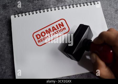 Red Handle Rubber Stamper and Domain registration text above book isolated on wooden background Stock Photo