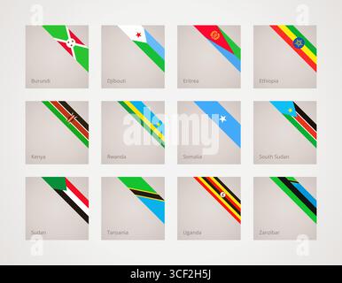 Corner slanted ribbon flags of  Burundi, Djibouti, Eritrea, Ethiopia, Kenya, Rwanda, Somalia, South Sudan, Sudan, Tanzania, Uganda, Zanzibar Stock Vector