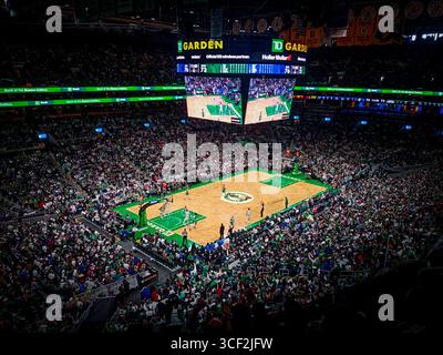 Packed crowd at TD Garden during an NBA game featuring the Boston Celtics in Boston, Massachusetts. Stock Photo