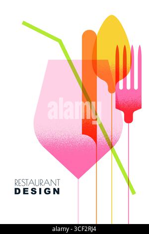 Vector flat illustration of colorful transparent wine glass, fork, knife, spoon. Modern minimalistic dining and restaurant design elements for bar or Stock Vector