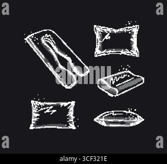Pillows elements set with pregnancy regular and orthopedic pillow for bedroom drawn in graphic style on black background Stock Vector