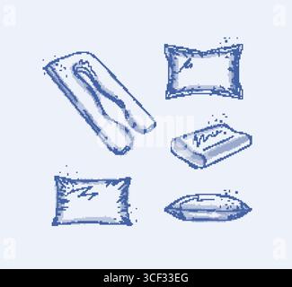 Pillows elements set with pregnancy regular and orthopedic pillow for bedroom drawn in graphic style on blue background Stock Vector
