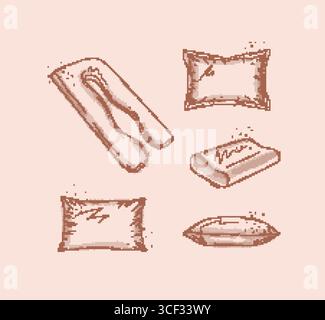 Pillows elements set with pregnancy regular and orthopedic pillow for bedroom drawn in graphic style on beige background Stock Vector