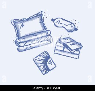 Sleeping accessories set for resting with sleep mask for eyes, sheet, pillow drawn in graphic style on blue background Stock Vector