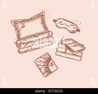 Sleeping accessories set for resting with sleep mask for eyes, sheet, pillow drawn in graphic style on beige background Stock Vector