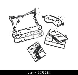 Sleeping accessories set for resting with sleep mask for eyes, sheet, pillow drawn in graphic style on white background Stock Vector